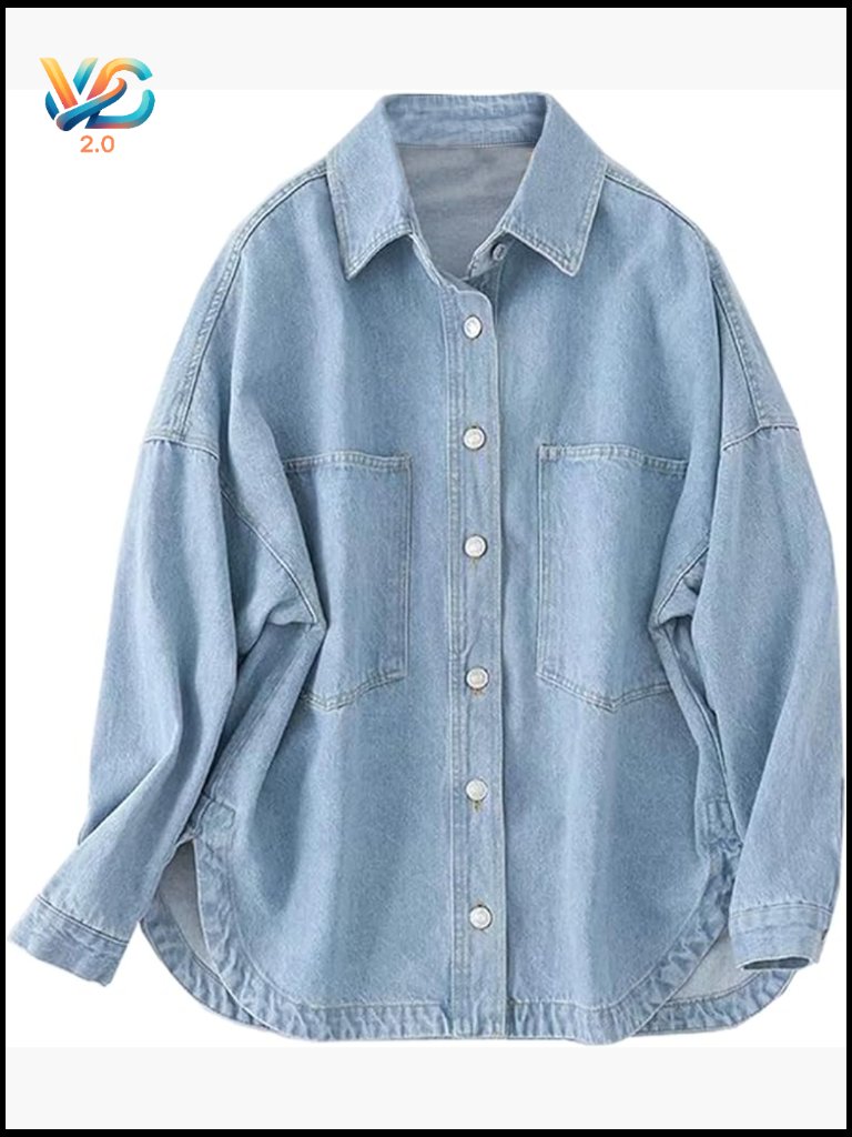 Oversize Denim Jean Jacket Button Down Long Sleeve Shacket Trendy Casual Top